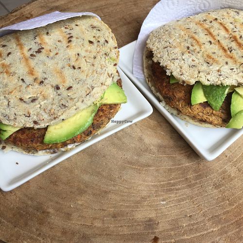 Whole wheat arepa with a vegan pattie   at Peanuts Fresh Market Cafe in Kralendijk