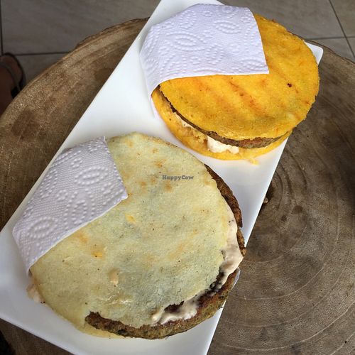 Pumpking & Original Arepa with a vegan burger ❤️ at Peanuts Fresh Market Cafe in Kralendijk