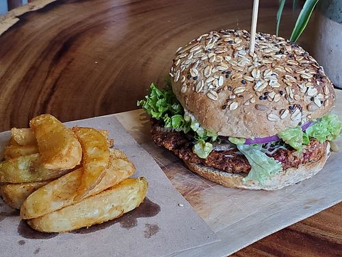 House lentil beet burger at The Green Place in Puerto Vallarta