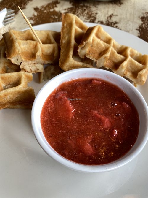 Waffle sticks with strawberry rhubarb compote   at Iron Roost in Ballston Spa