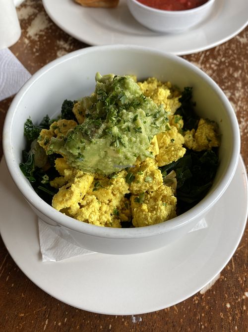 Power Bowl (Tofu scramble over fresh veggies topped with avocado)  at Iron Roost in Ballston Spa