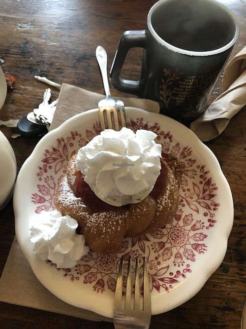 Cashew ice cream with coconut whip on a funnel cake donut  at North Star Diner in North Bay