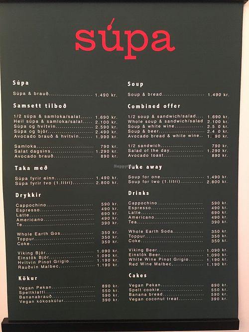 Menu at Supa - Bergstadastraeti in Reykjavik