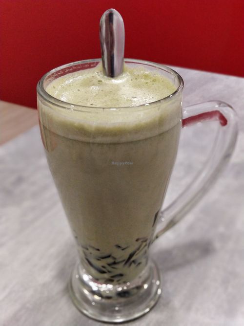 Hot matcha soya with grass jelly at Bean Friend Vegetarian House  in Central Singapore