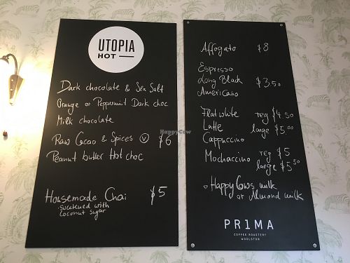 Drinks menu  at Utopia Ice in Christchurch