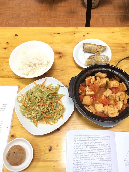 Springroll, steamed rice, tofu in tomato sauce at Hao Tea House in Ha Giang