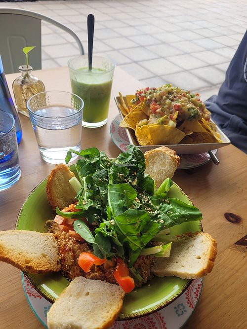 Front: Homemade Hummus with Crudité, Back: Nachos at Happy Cactus in Fuerteventura