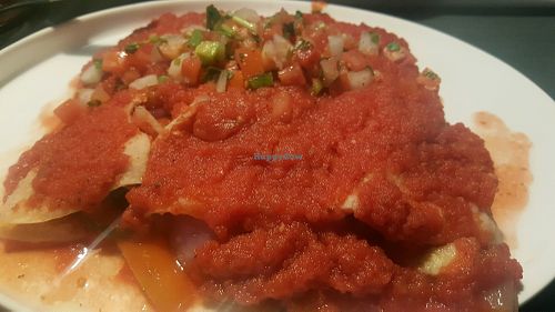 vegan veggie enchiladas with red sauce at Cacao Restaurant in Kansas City