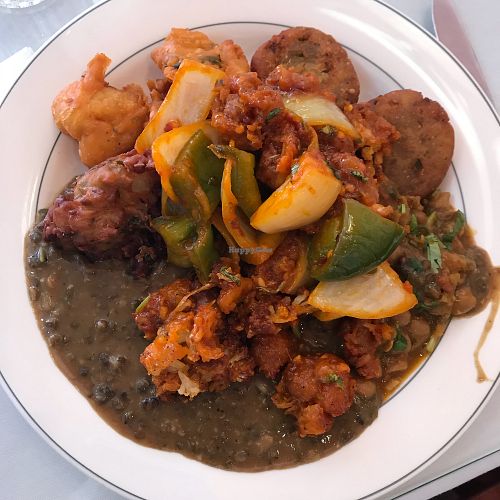 Vegan buffet plate at Desi Dhaba in Cambridge
