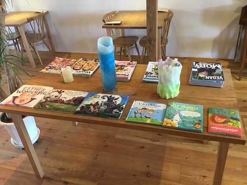 a collection of educational children books and magazines ( fe Vegan Moby ) at Hikari Shokudo in Nasushiobara
