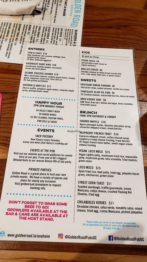 Menu back at Golden Road Brewing in Anaheim