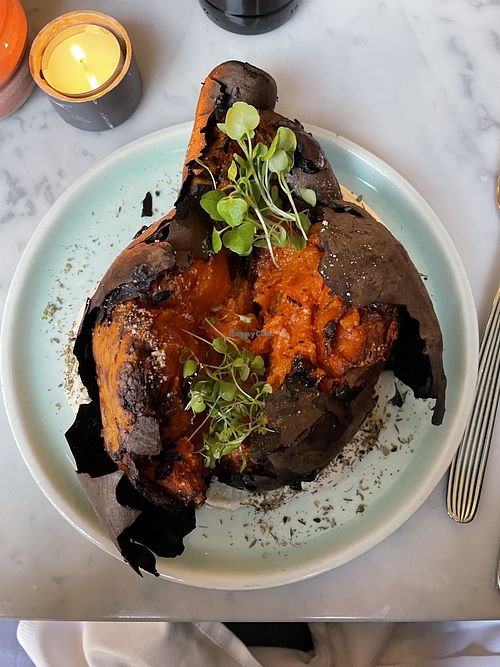 Roast sweet potato, black tahini, almond fennel aioli  at Yes Yes Yes in Helsinki