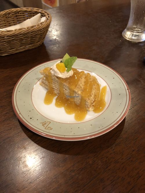 Foxtail millet mille crepe with special peach sauce - fail: tiny & flavourless  at Future Food Cafe Restaurant Tubu Tubu in Tokyo