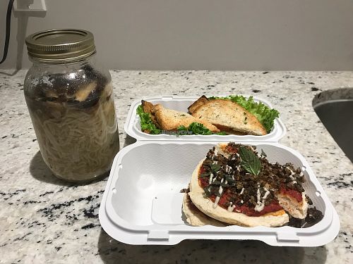 Banana blossom soup, tiny tofu clubhouse, mushroom and tomato pizzetta  at The Moth Cafe - Downtown in Edmonton