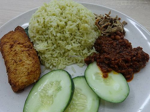 Nasi Lemak with crispy (mock) fish  at SHU Vegetarian 蔬方斋 in West Singapore