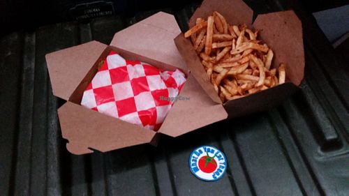 the Bacon Cheeseburger & regular fries at Santana's Vegan Grill at Santana's Vegan Grill in Colorado Springs