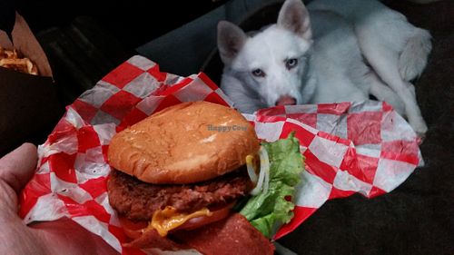 The "meat" looks like a rare cooked burger and is delicious from Santana's Vegan Grill in Colorado at Santana's Vegan Grill in Colorado Springs
