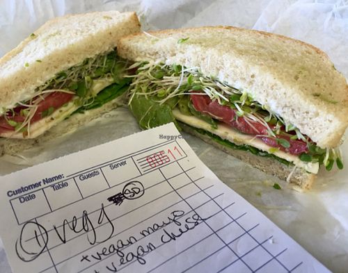 vegg sandwich with vegan mayo, vegan cheese at Watson's Veggie Garden in Visalia