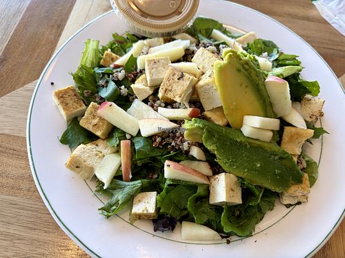 Seasonal salad: spring greens, arugula, apple, pecans, avocado, plus tofu & quinoa instead of chicken & feta  at Watson's Veggie Garden in Visalia