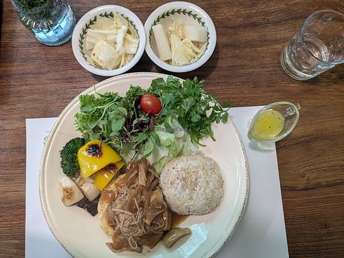 Tofu steak with veggies, salad and rice at Ecotopia in Busan