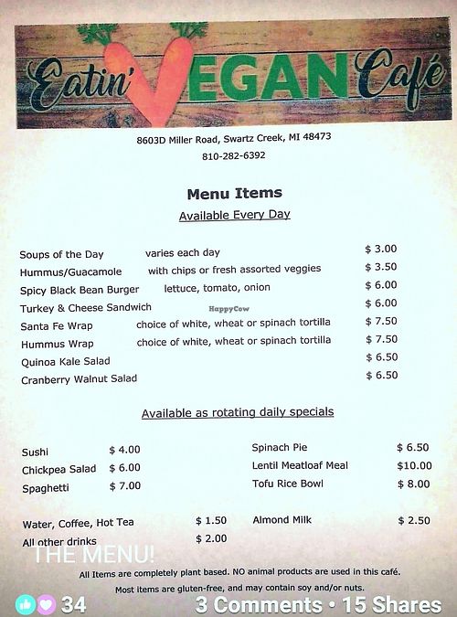 menu at Eatin Vegan Cafe in Swartz Creek