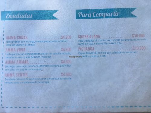 Menu at Amma in Santiago