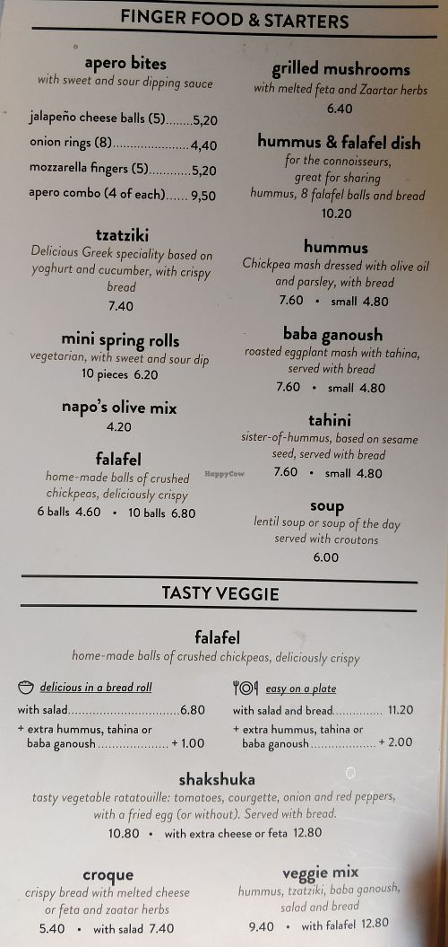 Vegetarian menu at Napo's Quality Grill in Antwerpen