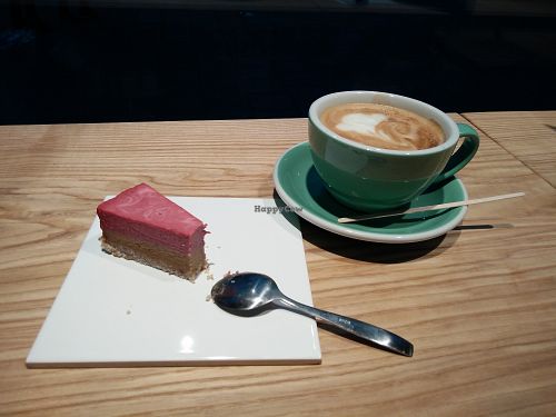 raw cake and coffee with oat milk at GreenStreet in Stockholm