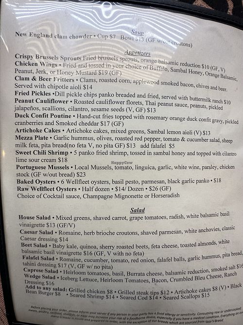 Menu apps & salads  at Brine in Eastham