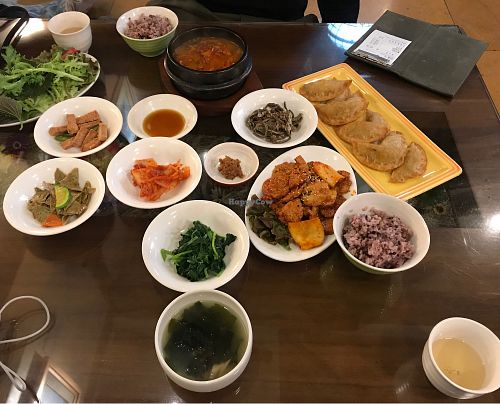 Three dishes, the soup came with 5 aides, also bbq faux meats and dumplings. Total price was 25,000 Korean.  at Oh Se Gae Hyang - 오세계향 in Seoul