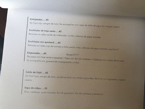 Menu  at Hierba Dulce in Oaxaca