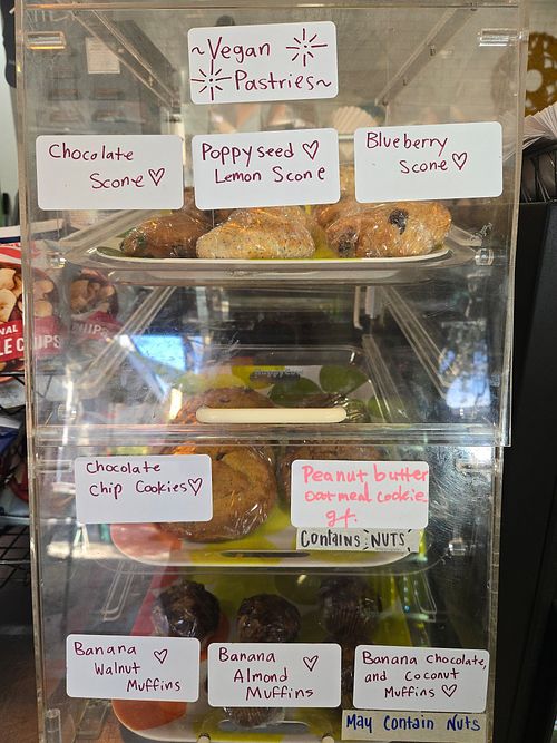 All bakery items are vegan. 3 scone flavors, 3 muffin flavors and 2 cookie offerings when we were there. Have only tried theor cookies so far. Delicious at Three Ladies Cafe in Davis
