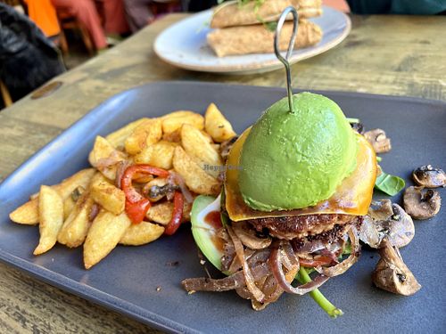 Burger with avocado bun!  at Seeds for the Soul in Edinburgh
