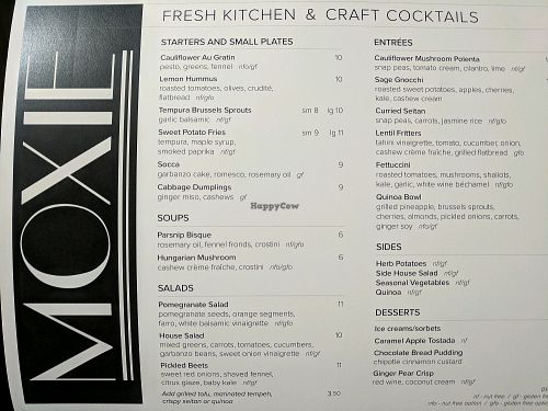 dinner menu at Moxie in Colorado Springs