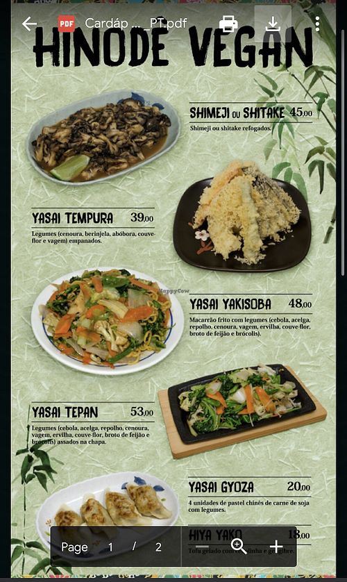 Vegan menu online   at Hinode in Sao Paulo
