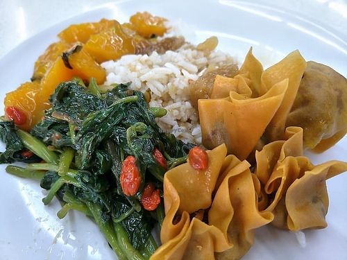 economic rice with spinach, pumpkin and fried dumpling 
photo credit to Alvin Tan  at Xin Yi Vegetarian Stall - Lao Zi Hao Kopitiam in Central Singapore