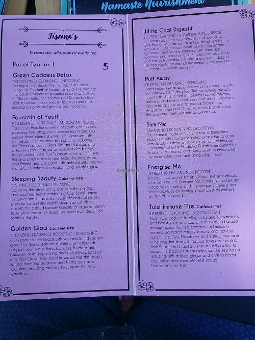tisane menu at Namaste Nourishment in Ballarat