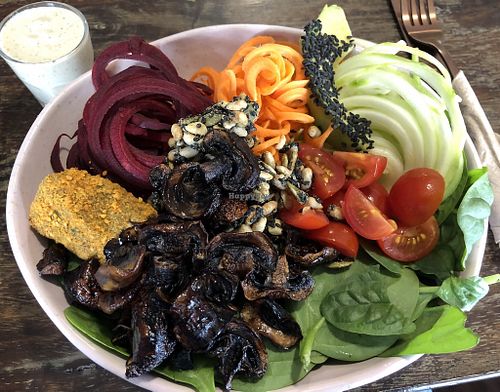 Buddha Bowl with Tahini sauce.  Super tasty & great option for a lighter/healthier lunch.  If you’ve got a big appetite maybe try the Burrito (looked amazing).  at Namaste Nourishment in Ballarat