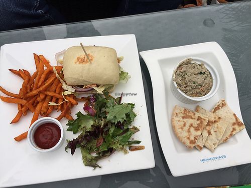 pulled jackfruit burger (with sweet potato fries and side salad) and babaganoush dip at Hemingway's By The Bay in Outlying Islands