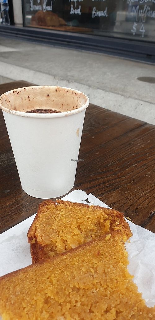 Pumpkin bread and coffee at Footscray Doughnuts and Coffee in Footscray
