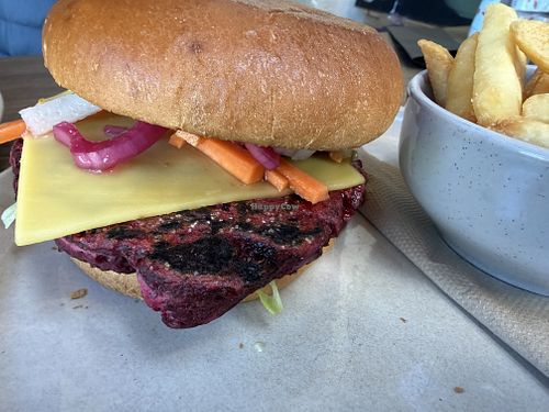 Beetroot & Chickpea Burger and fries   at Atlas Beer Cafe in Queenstown