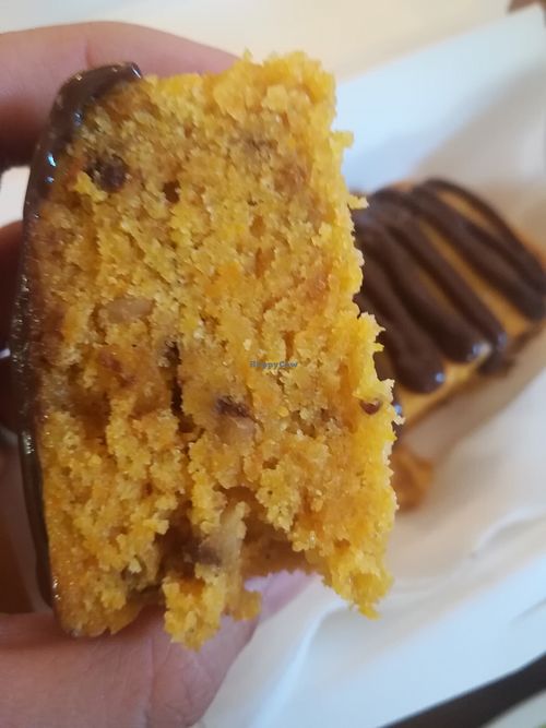 super moist carrot cake with chocolate at Dona Flor Cafe in Lisbon