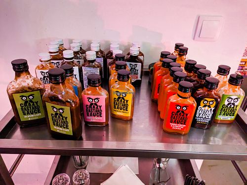Array of sauces (mild to super hot) at Crazy Bastard at Crazy Bastard in Berlin