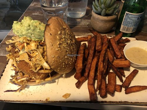 Tofu satay burger with sweet potato fries at Cafe Nowa in Petersham