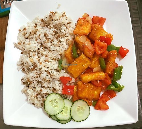 Tofu stir fry with rice at Okay Vegan Cafe in Ulaanbaatar