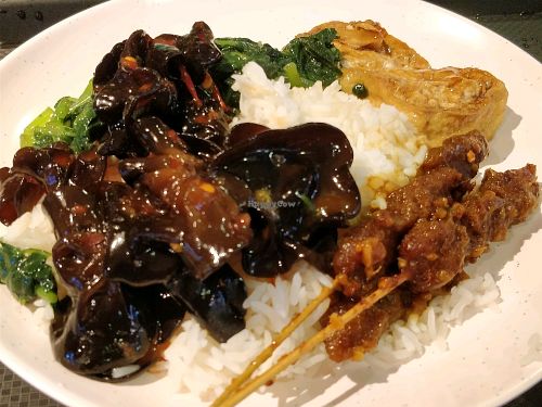 economic rice with satay, black fungus, toufu and green vegetables  at Food Junction Vegetarian Stall in Central Singapore