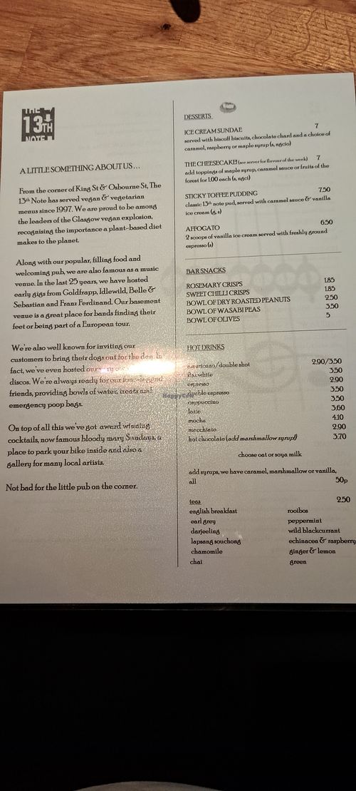 Menu - drinks and desserts at The 13th Note in Glasgow