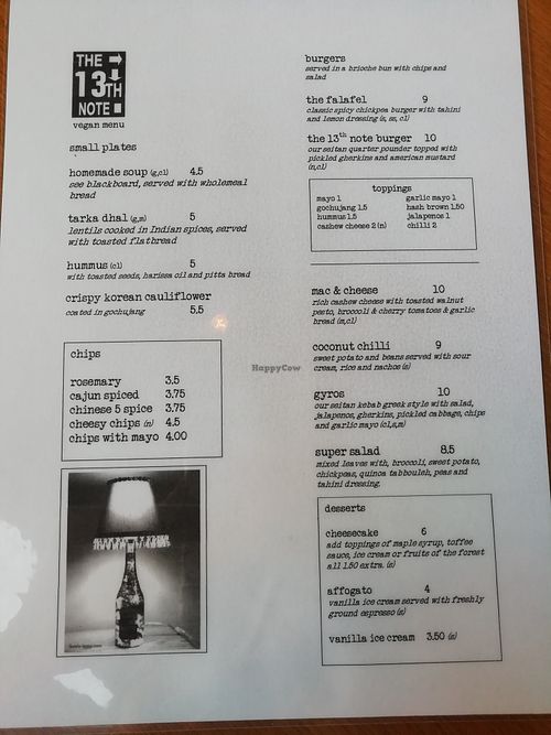 Menu at The 13th Note in Glasgow