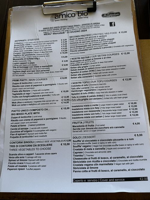 Menu as of June 2024  at Amico Bio - Spartacus Arena in Santa Maria Capua Vetere