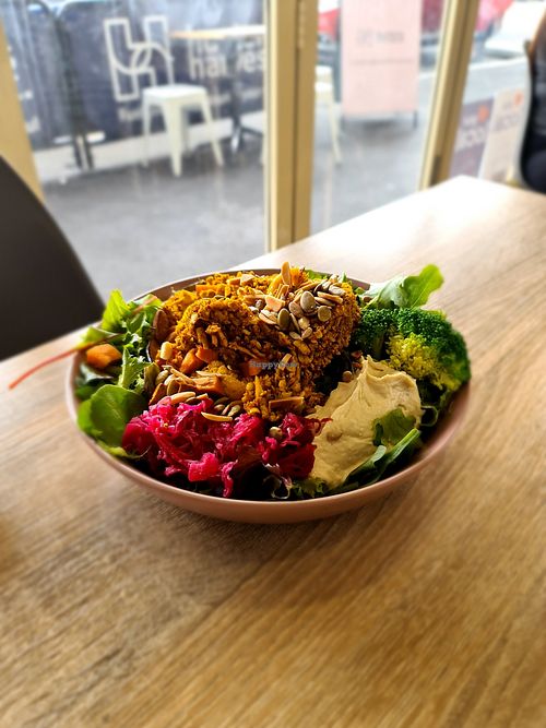 Roasted veg bowl with scrambled tofu at Hunters Harvest in Seddon